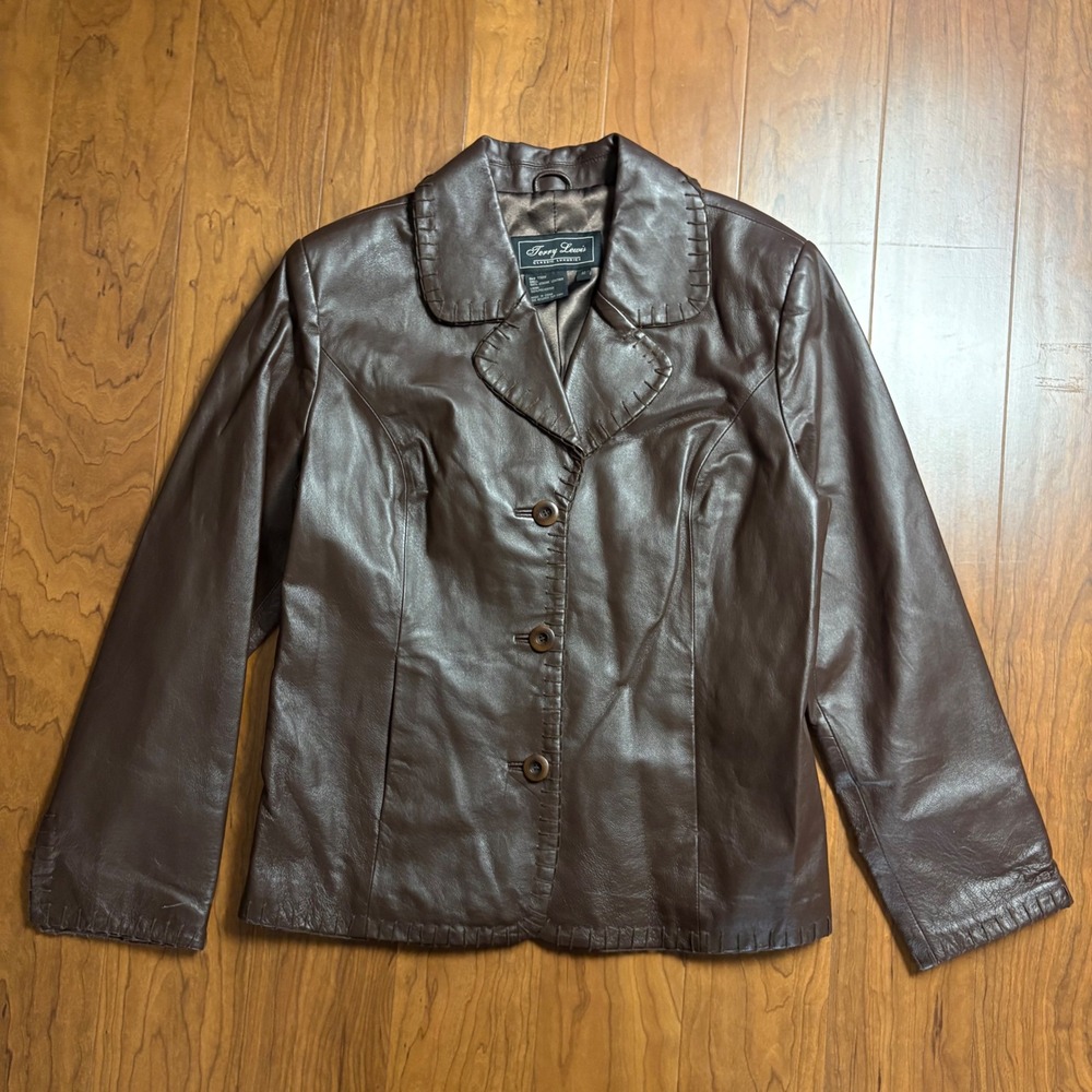 Terry Lewis Classic Luxuries Brown Leather Jacket Whipstitch Blazer Medium